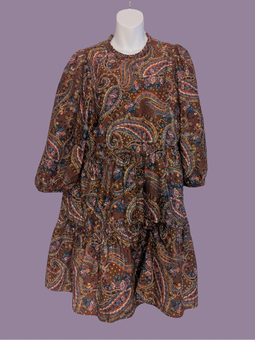 a.n.a Brown Paisley Tiered Midi Dress with Multicolor Accents